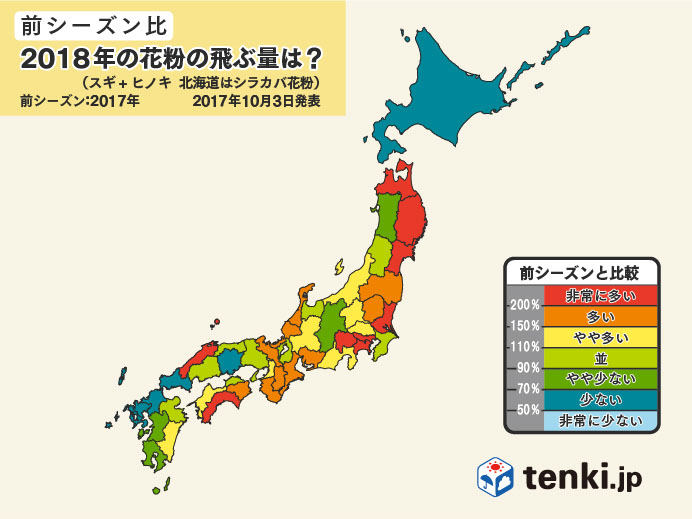 2018年の花粉飛散量（前シーズン比）