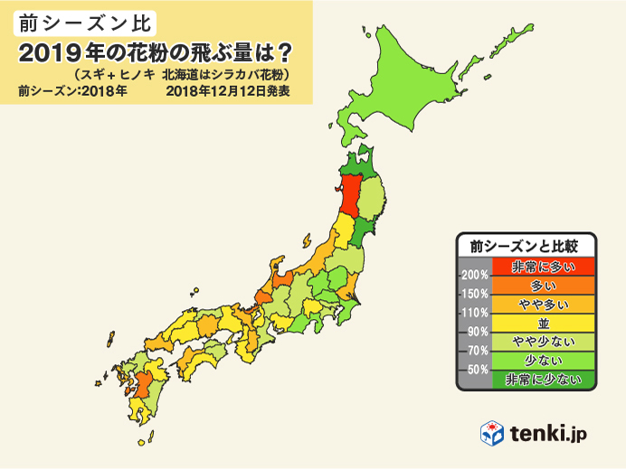 2019年の花粉飛散量(前シーズン比)