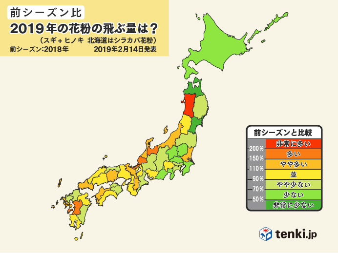 2019年の花粉飛散量(前シーズン比)
