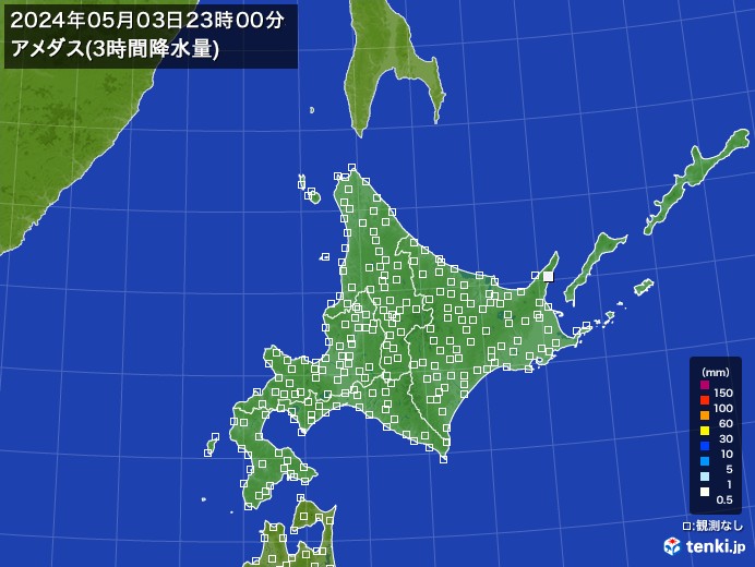 北海道地方のアメダス合計降水量(3時間)