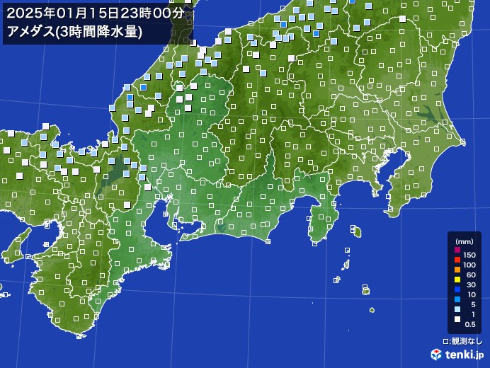 東海地方のアメダス合計降水量(3時間)