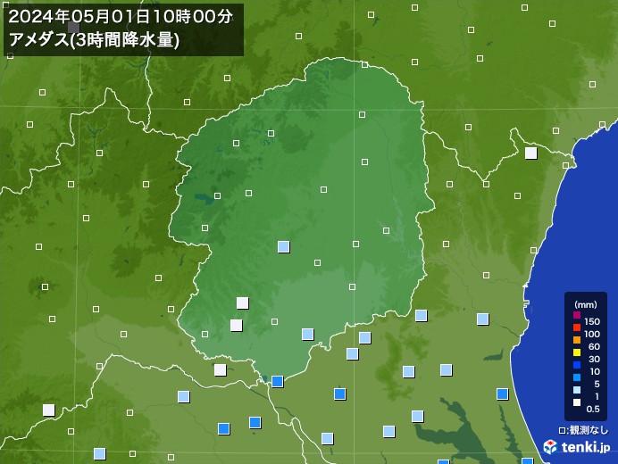 栃木県のアメダス合計降水量(3時間)