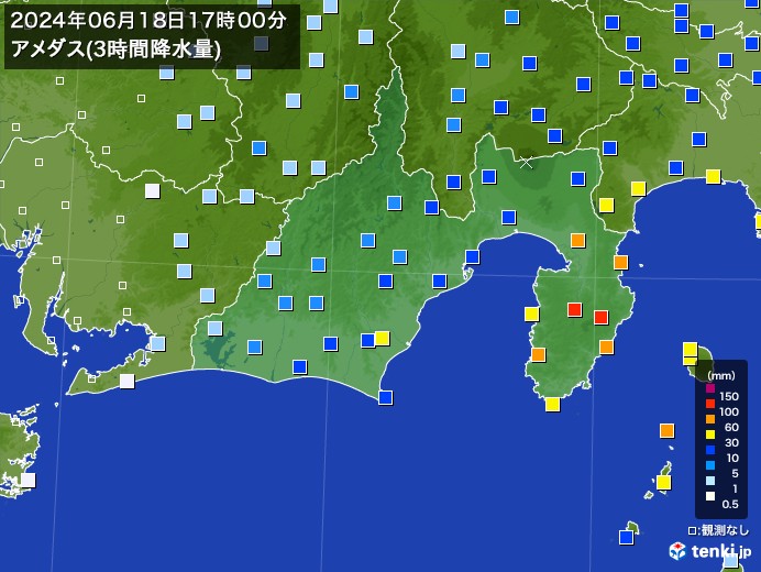 静岡県のアメダス合計降水量(3時間)