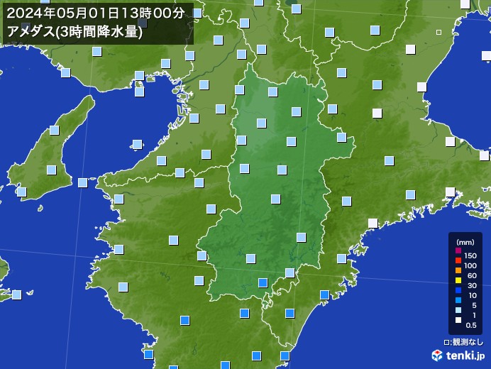 奈良県のアメダス合計降水量(3時間)