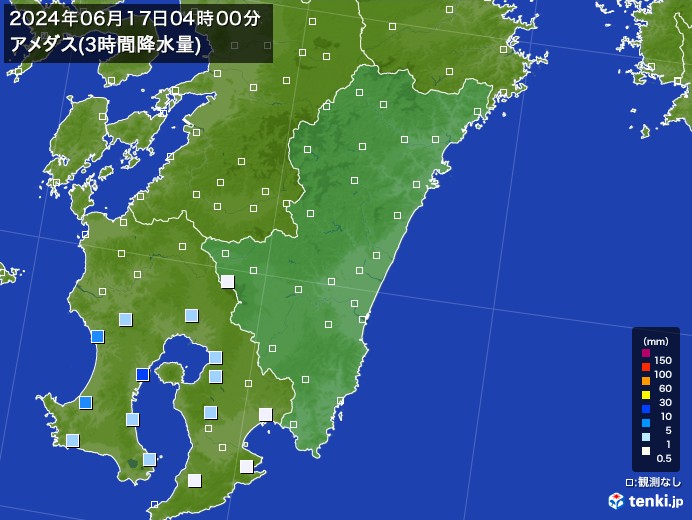 宮崎県のアメダス合計降水量(3時間)