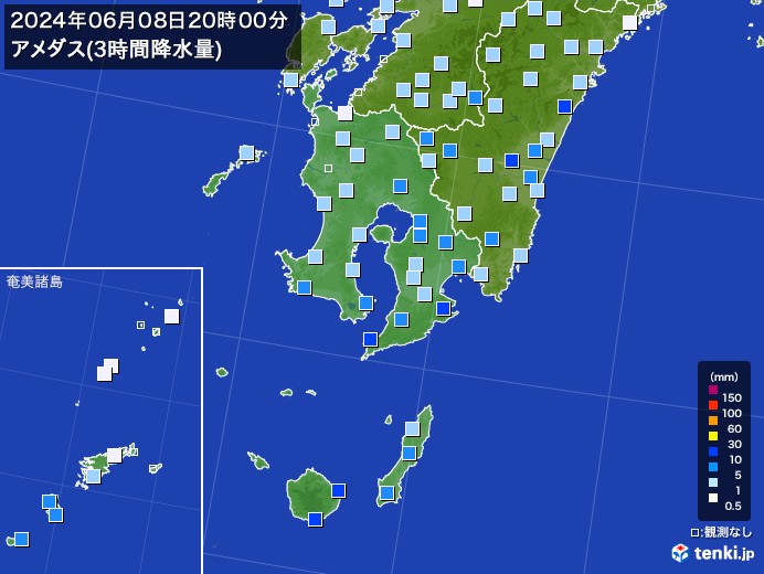 鹿児島県のアメダス合計降水量(3時間)