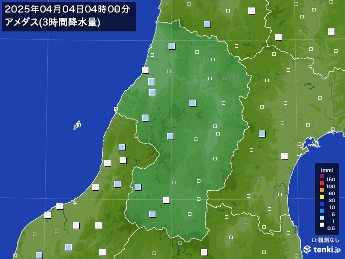 山形県のアメダス合計降水量(3時間)