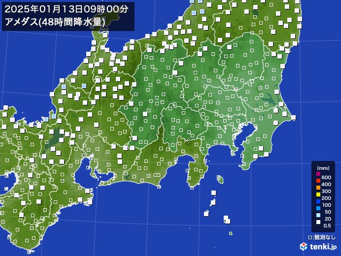 関東・甲信地方のアメダス合計降水量(48時間)