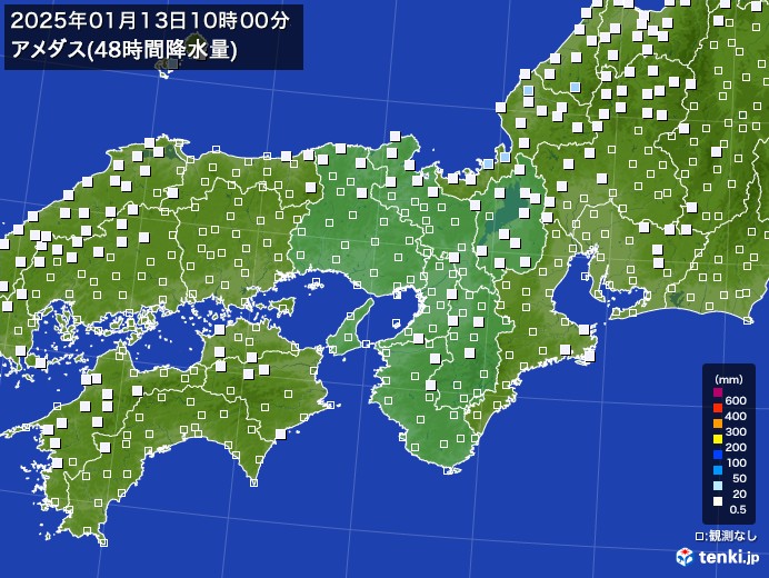 近畿地方のアメダス合計降水量(48時間)