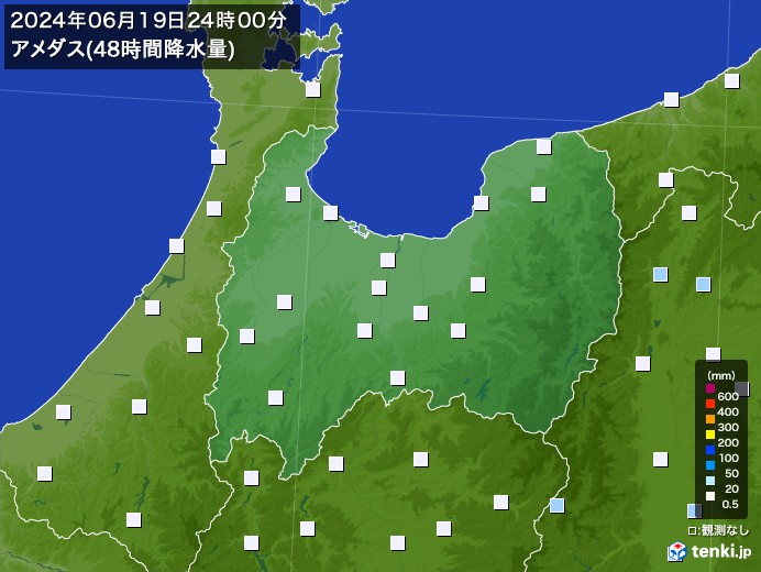 富山県のアメダス合計降水量(48時間)