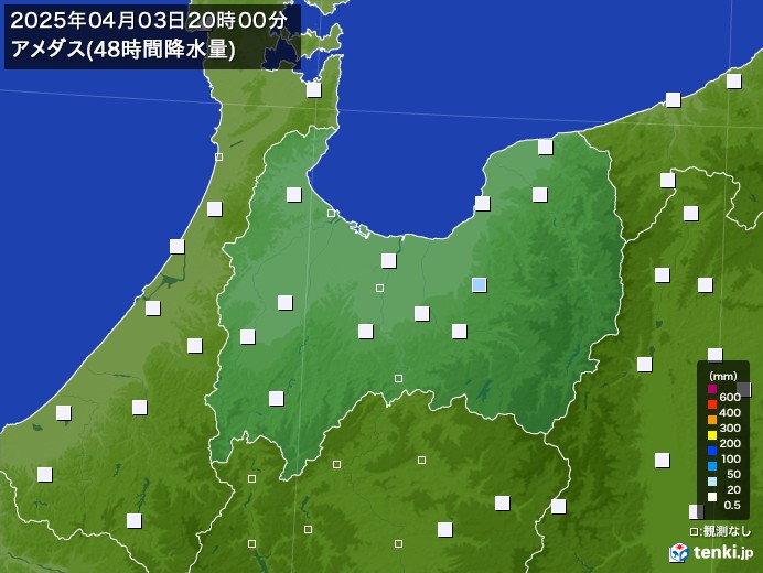 富山県のアメダス合計降水量(48時間)