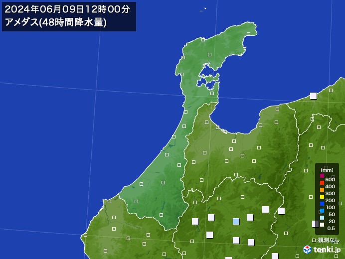 石川県のアメダス合計降水量(48時間)