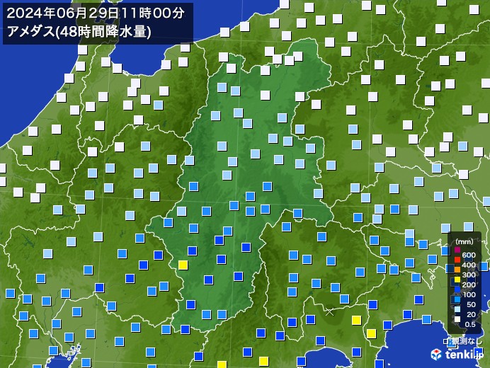 長野県のアメダス合計降水量(48時間)