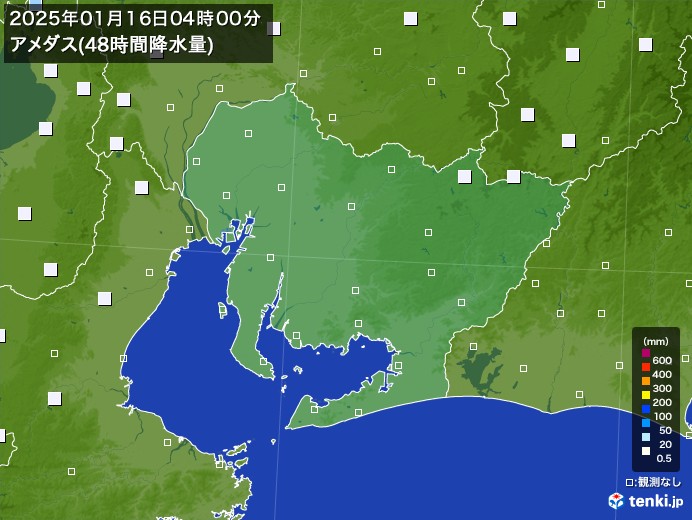 愛知県のアメダス合計降水量(48時間)