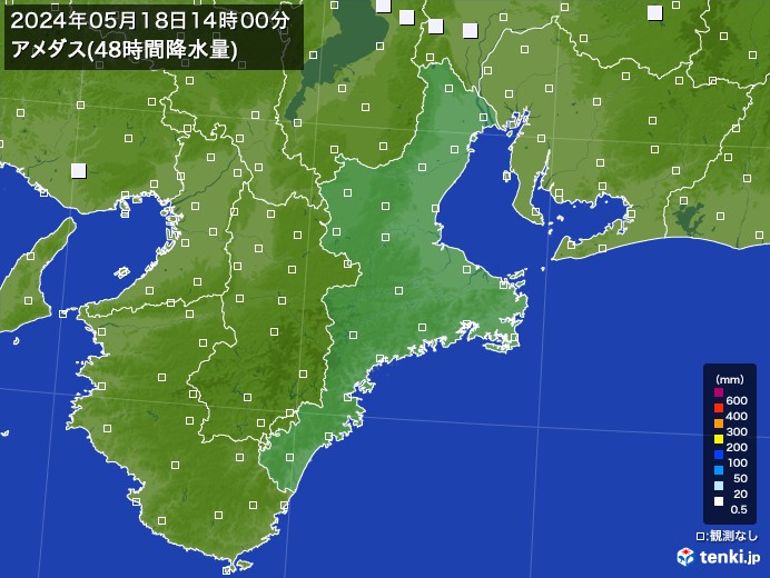 三重県のアメダス合計降水量(48時間)