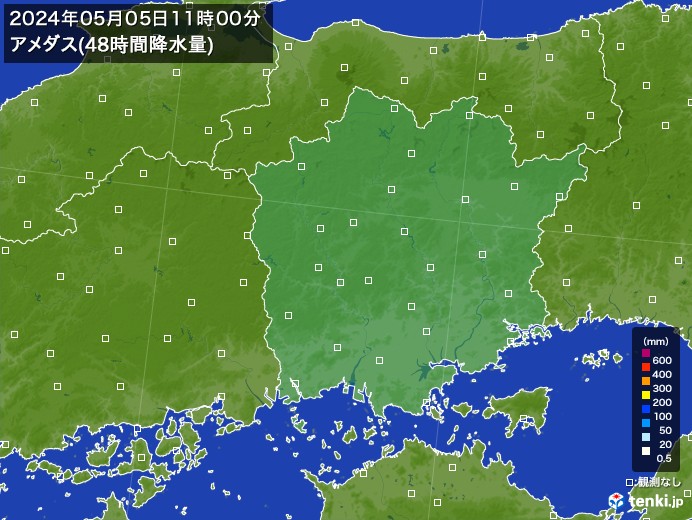 岡山県のアメダス合計降水量(48時間)