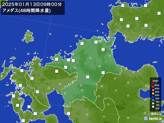 福岡県のアメダス合計降水量(48時間)