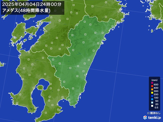 宮崎県のアメダス合計降水量(48時間)