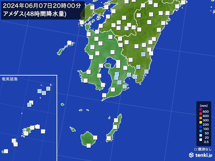 鹿児島県のアメダス合計降水量(48時間)