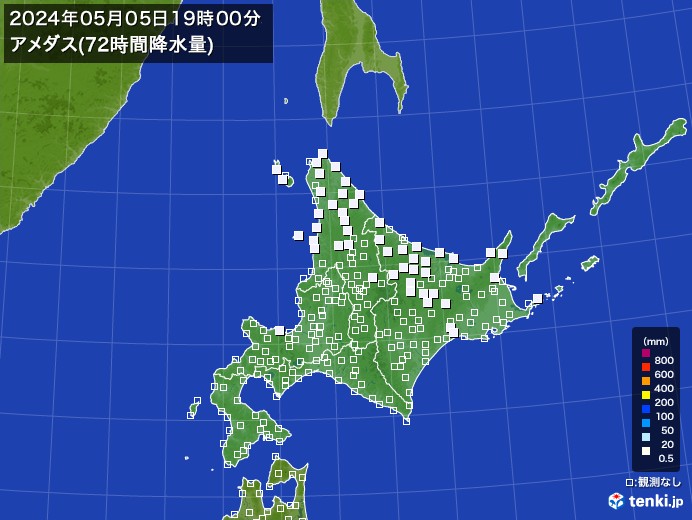 北海道地方のアメダス合計降水量(72時間)