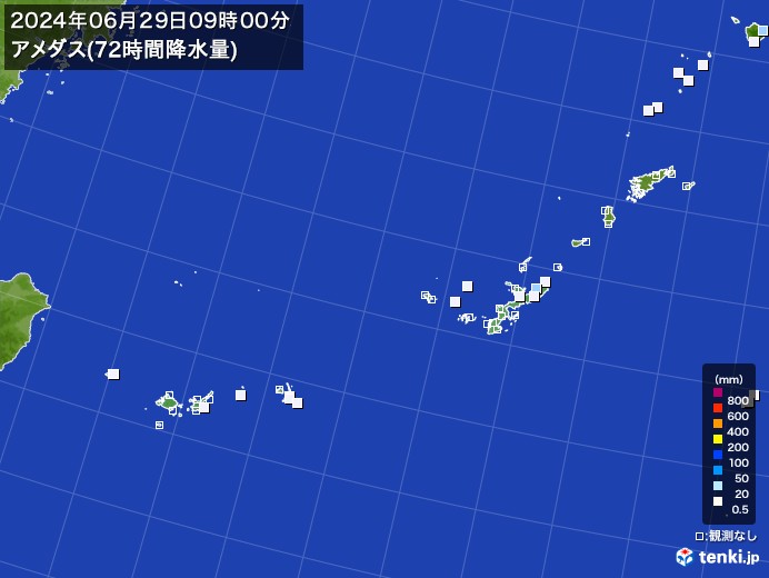 沖縄地方のアメダス合計降水量(72時間)