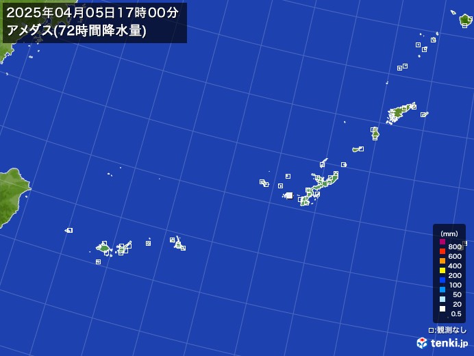 沖縄地方のアメダス合計降水量(72時間)