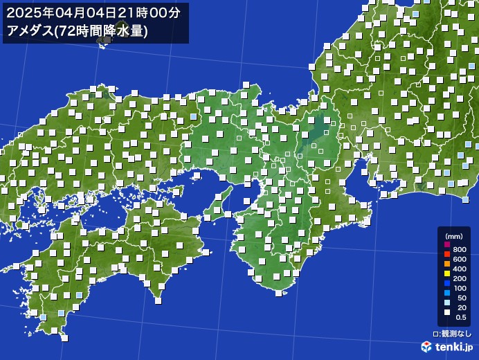 近畿地方のアメダス合計降水量(72時間)