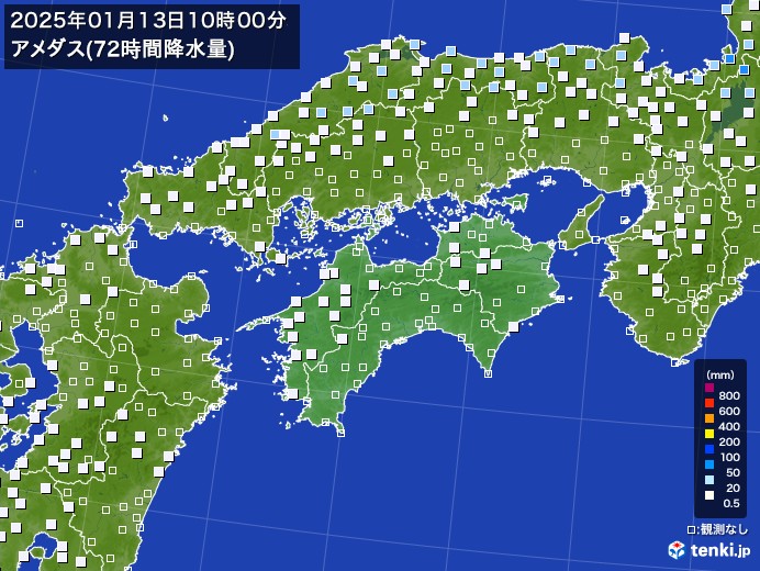 四国地方のアメダス合計降水量(72時間)