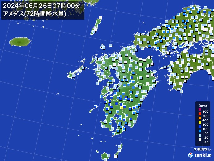 九州地方のアメダス合計降水量(72時間)