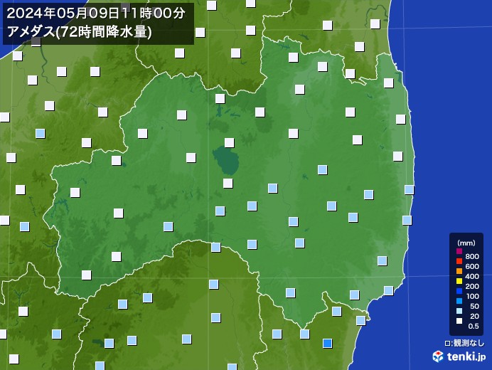 福島県のアメダス合計降水量(72時間)