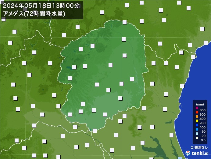 栃木県のアメダス合計降水量(72時間)