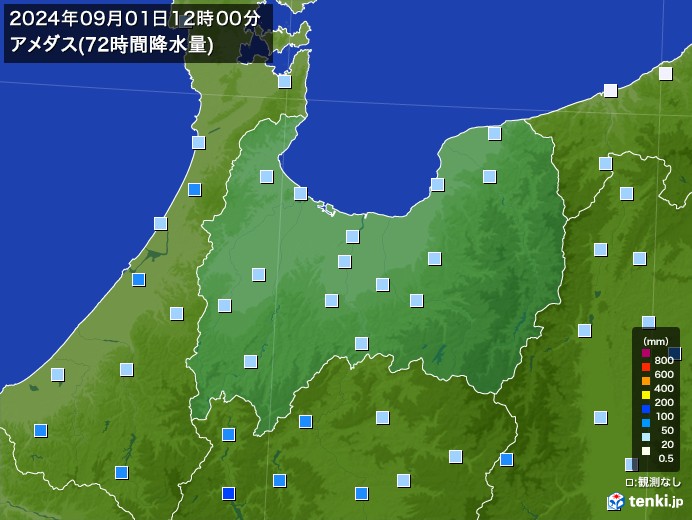 富山県のアメダス合計降水量(72時間)