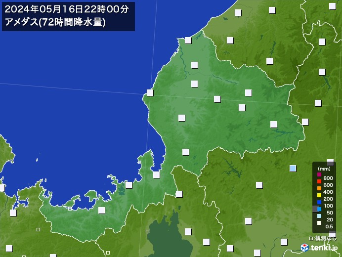 福井県のアメダス合計降水量(72時間)