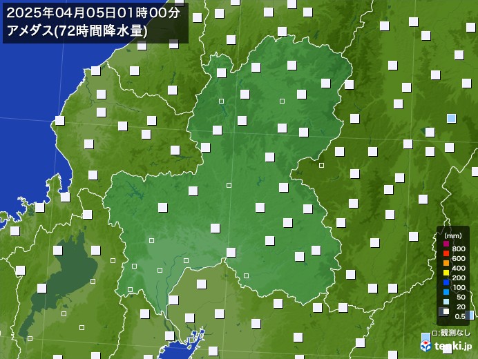 岐阜県のアメダス合計降水量(72時間)