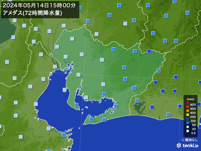 愛知県のアメダス合計降水量(72時間)