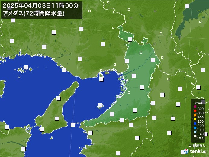 大阪府のアメダス合計降水量(72時間)