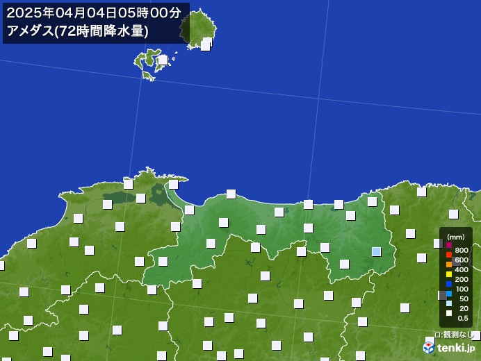 鳥取県のアメダス合計降水量(72時間)