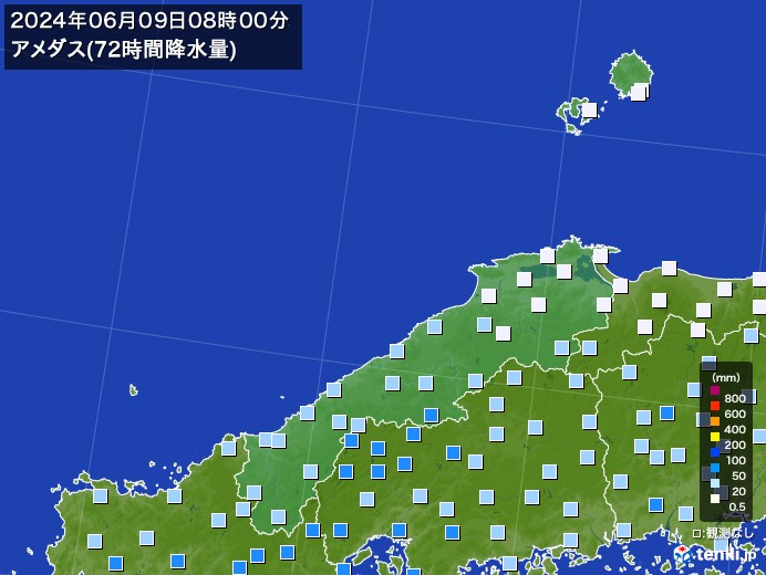 島根県のアメダス合計降水量(72時間)