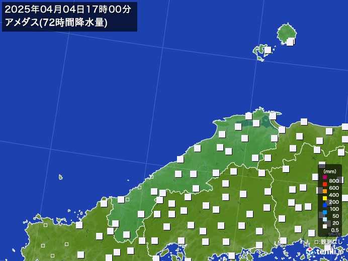 島根県のアメダス合計降水量(72時間)