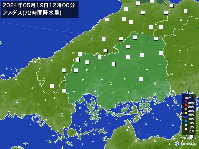 広島県のアメダス合計降水量(72時間)