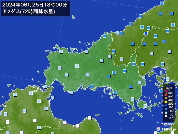 山口県のアメダス合計降水量(72時間)