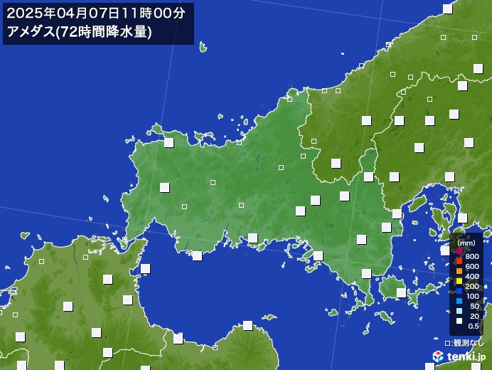 山口県のアメダス合計降水量(72時間)