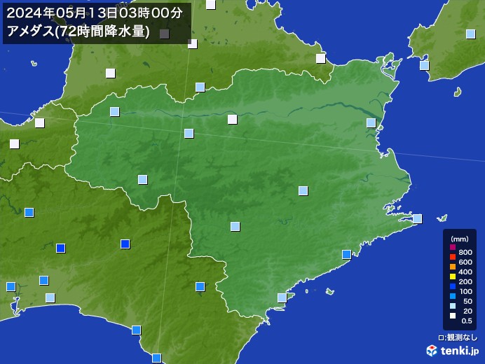 徳島県のアメダス合計降水量(72時間)