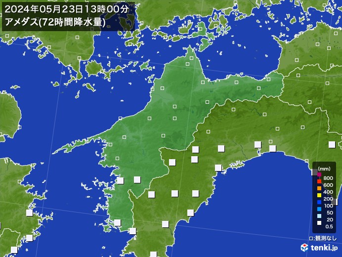 愛媛県のアメダス合計降水量(72時間)