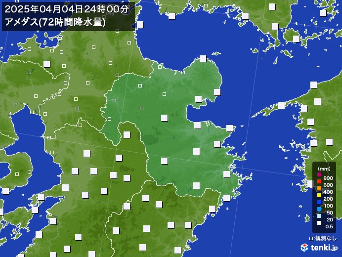 大分県のアメダス合計降水量(72時間)