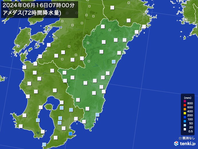 宮崎県のアメダス合計降水量(72時間)