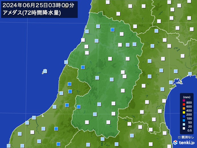 山形県のアメダス合計降水量(72時間)