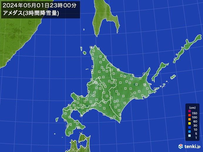 北海道地方のアメダス合計降雪量(3時間)