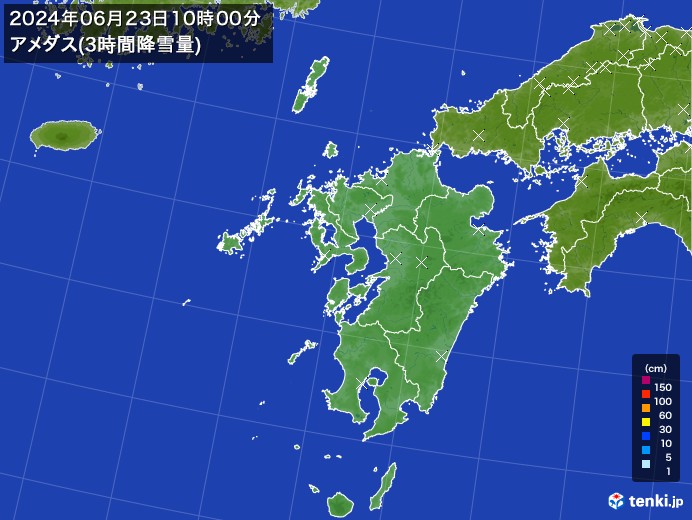 九州地方のアメダス合計降雪量(3時間)