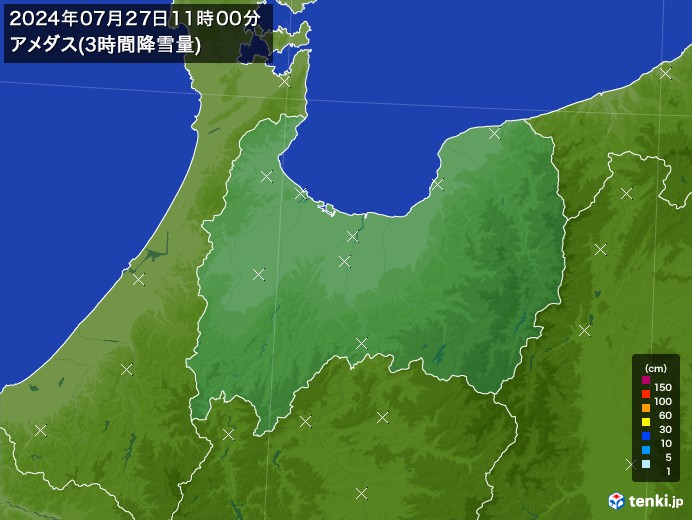 富山県のアメダス合計降雪量(3時間)